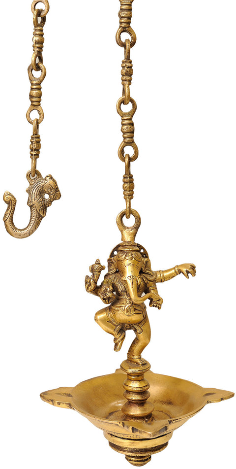10" Dancing Ganesha Temple Hanging Brass Four Wick Lamp | Handmade | Made in India