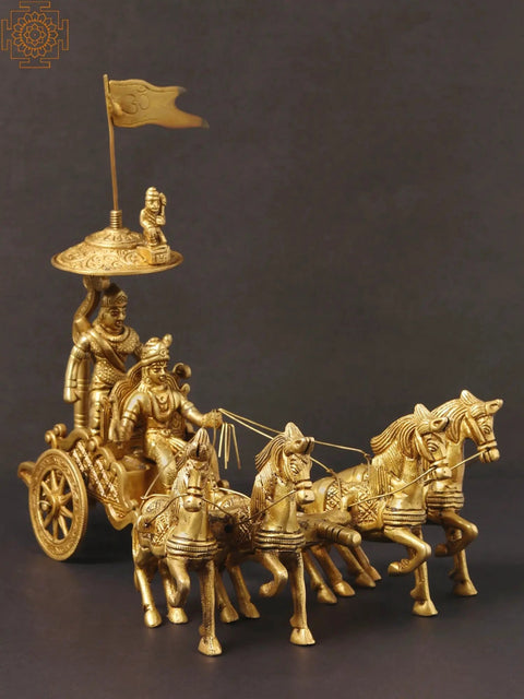 9" Brass Chariot - Krishna Drives Arjuna's Chariot | Handmade | Made in India