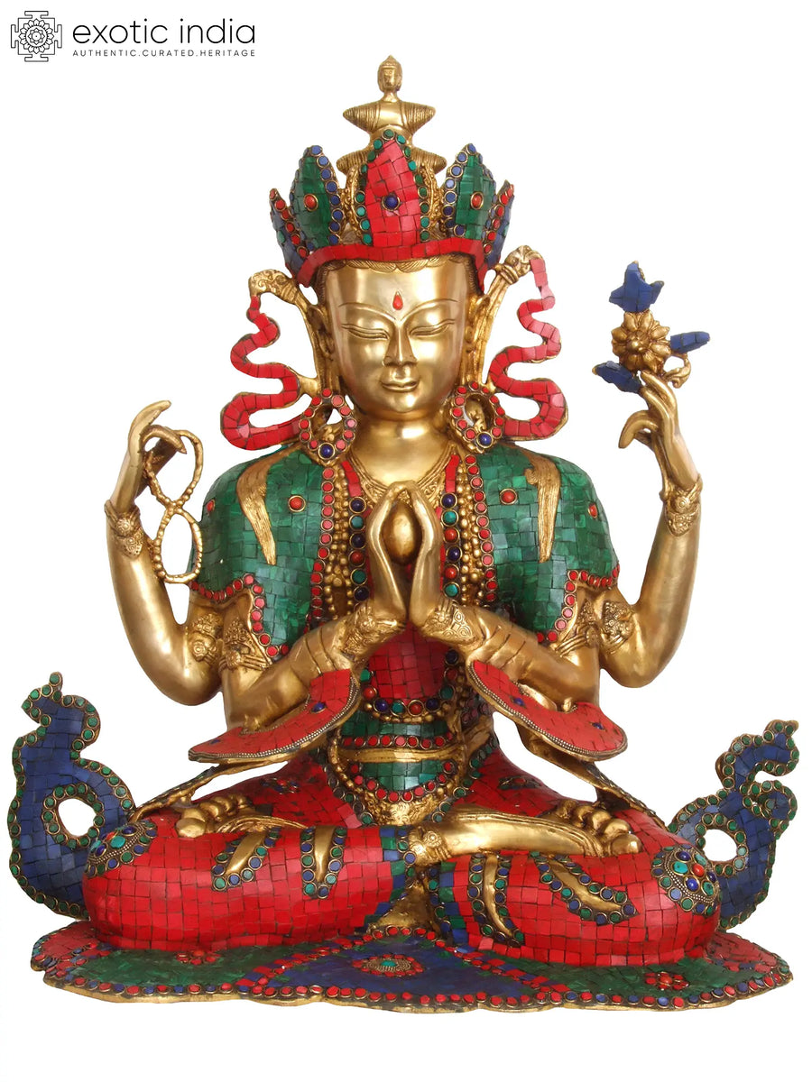 23" Large Handmade Chenrezig Four Armed Brass Statue
