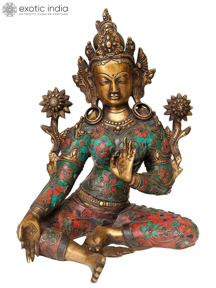 12" Green Tara Brass Statue with Inlay Handmade Buddhist Goddess