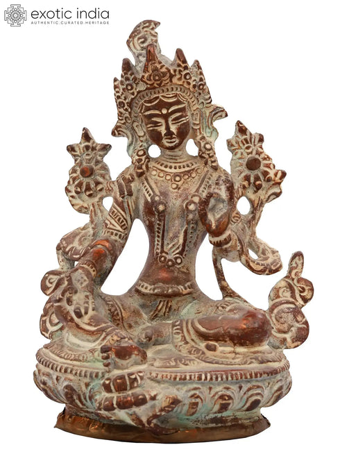 6" Green Tara Brass Statue - Tibetan Buddhist Goddess Idol