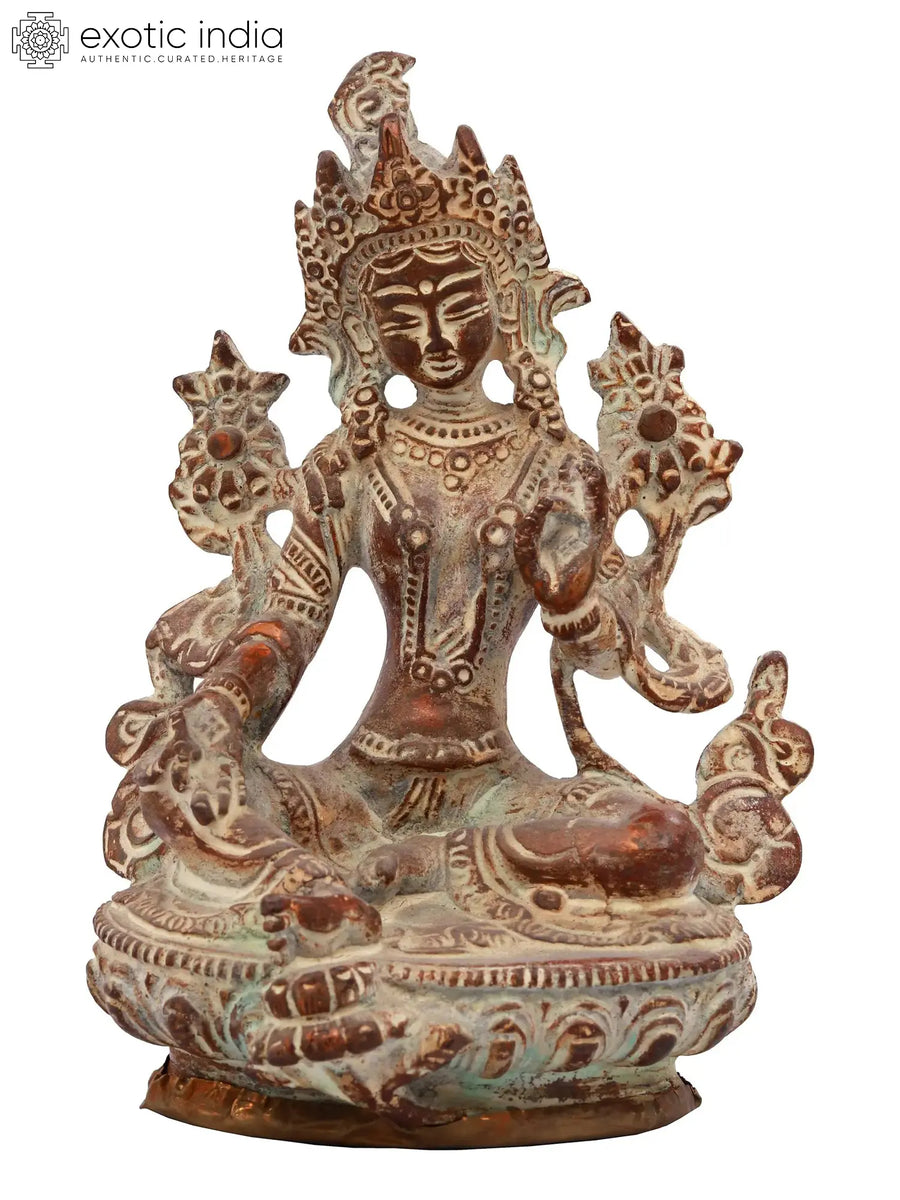 6" Green Tara Brass Statue - Tibetan Buddhist Goddess Idol
