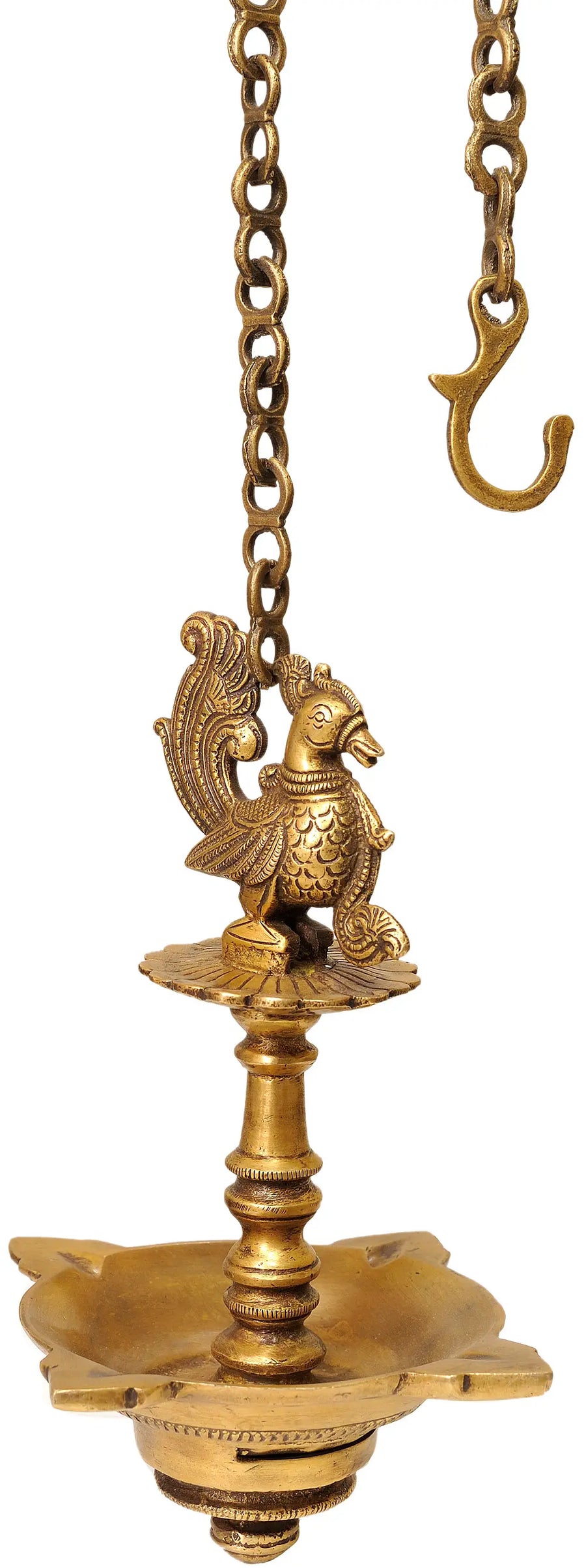 9" Brass Peacock Ceiling Puja Lamp Handmade