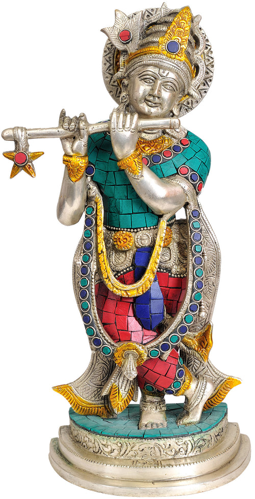 12" Handmade Krishna Murli Brass Statue with Inlay Work