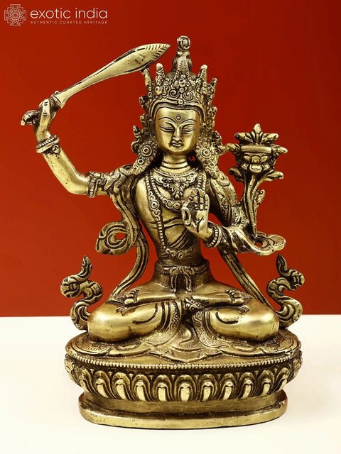 8.5" Tibetan Buddhist God Manjushri Brass Sculpture | Handmade | Made in India