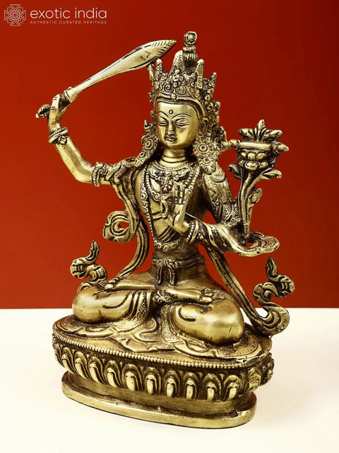 8.5" Tibetan Buddhist God Manjushri Brass Sculpture | Handmade | Made in India