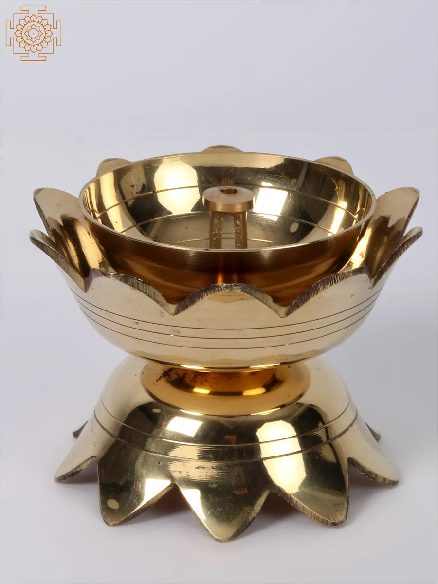 Small Lotus Brass Wick Puja Lamp Handmade