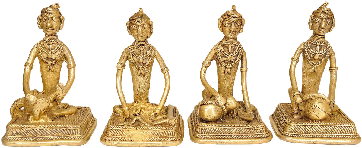 4" Men Performing Different Village Activities  (Tribal Statue from Bastar) In Brass | Handmade | Made In India