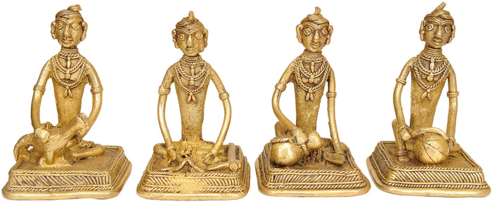 4" Men Performing Different Village Activities  (Tribal Statue from Bastar) In Brass | Handmade | Made In India
