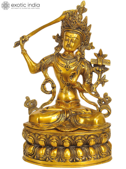 14" Manjushri - Bodhisattva of Transcendent Wisdom In Brass | Handmade | Made In India