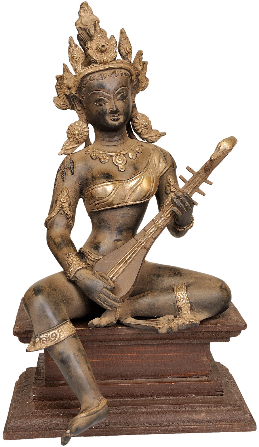13" Handmade Brass Goddess Saraswati Idol with Wooden Pedestal