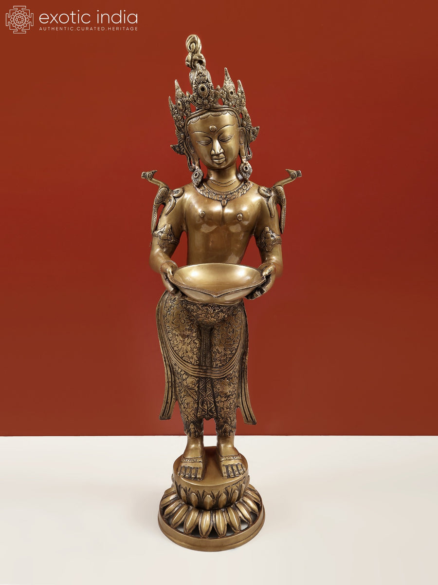 31" Tibetan Buddhist Goddess Tara Brass Statue with Lamp Handmade