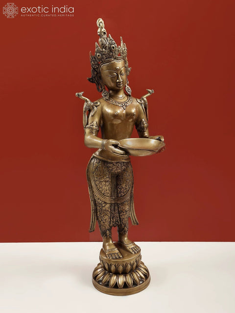 31" Tibetan Buddhist Goddess Tara with Lamp In Brass | Handmade | Made In India
