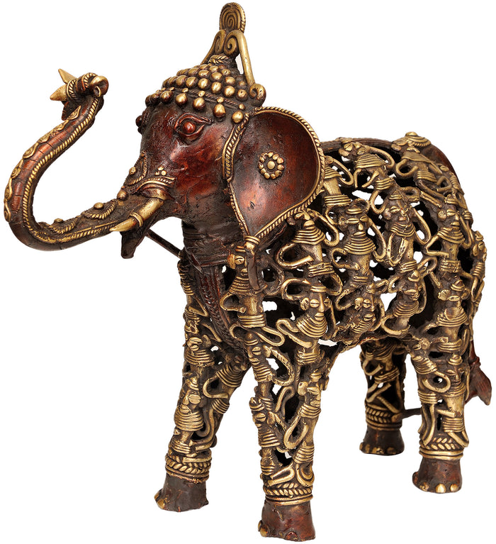 Elephant Made of Human Figures Brass Folk Statue