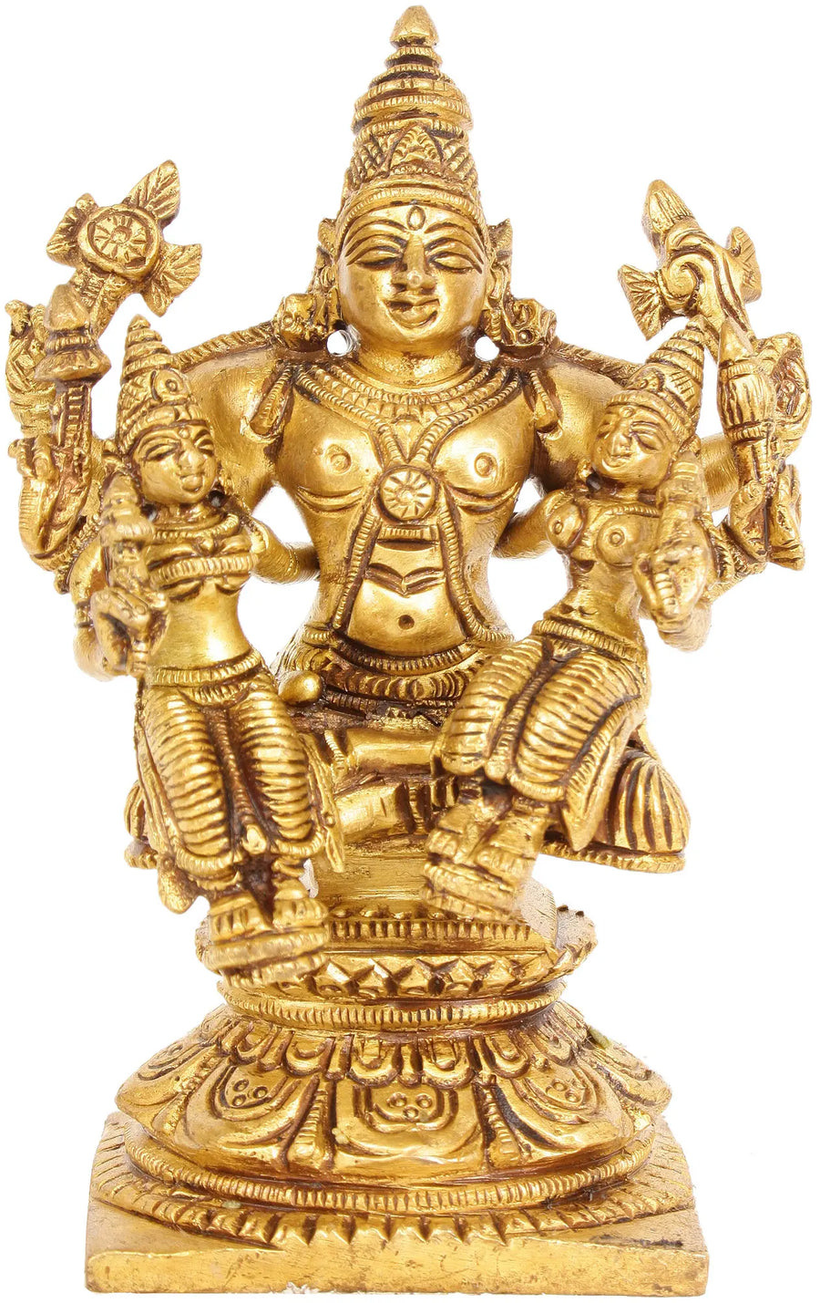 4" Handmade Brass Lord Vishnu Statue with Shridevi and Bhudevi