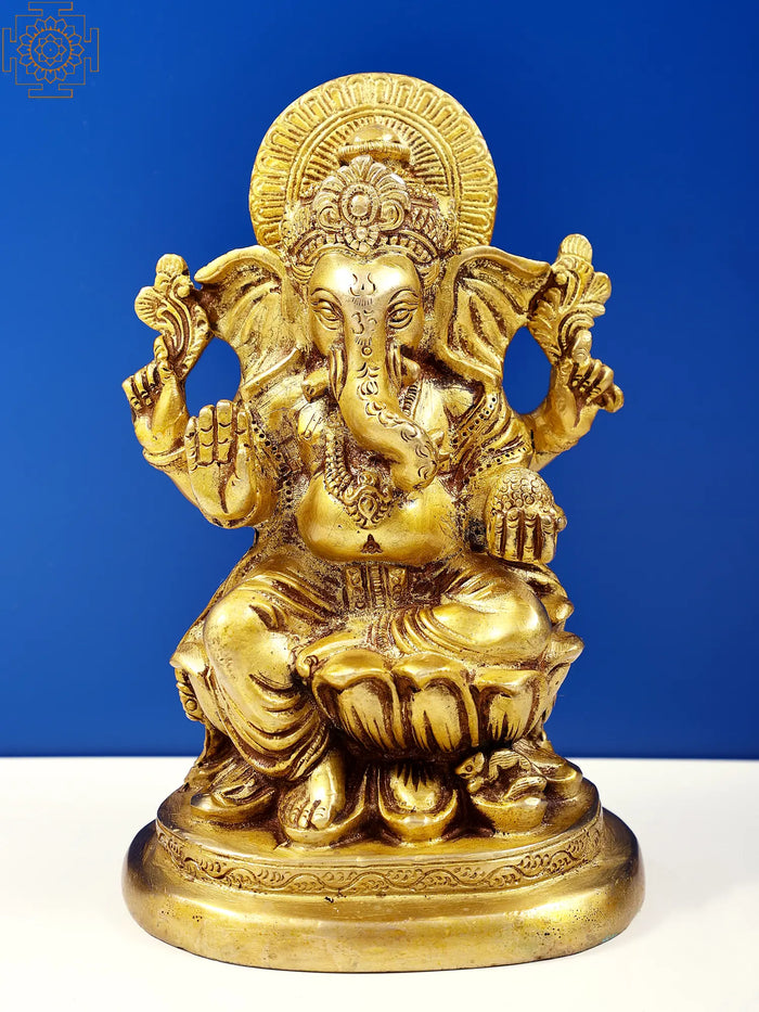 7" Small Lord Ganesha Seated on Lotus in Brass | Handmade | Made In India