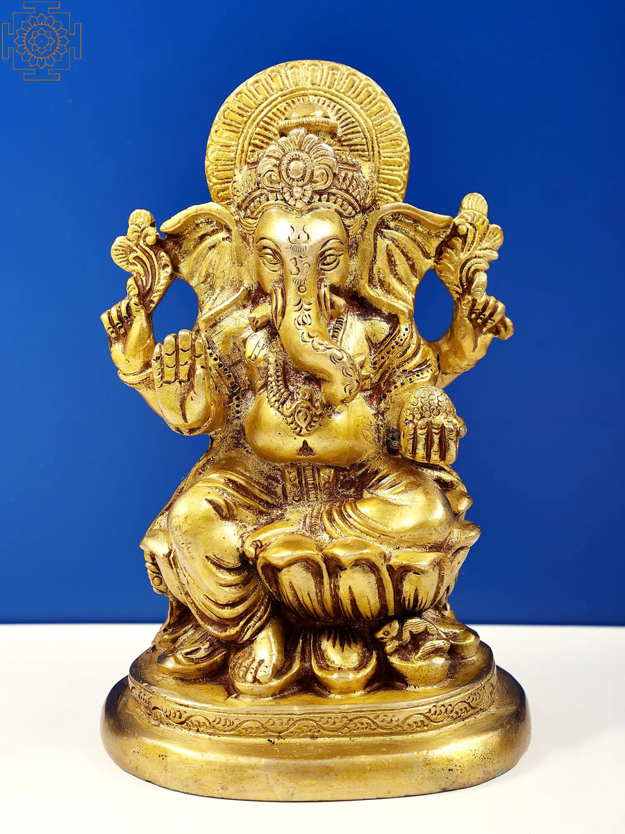 7" Brass Lord Ganesha Seated on Lotus Handmade Idol