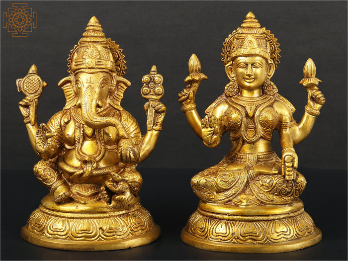 8" Handmade Lakshmi and Ganesha Brass Statue Pair