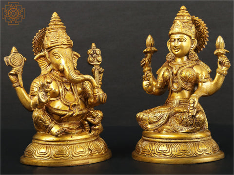 8" Pair of Lakshmi and Ganesha In Brass | Handmade | Made In India