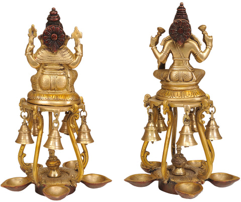9" Pair of Lakshmi Ganesha Lamps with Bells in Brass | Handmade | Made in India