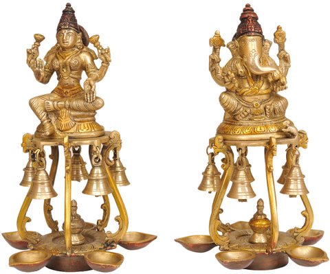 9" Pair of Lakshmi Ganesha Lamps with Bells in Brass | Handmade | Made in India