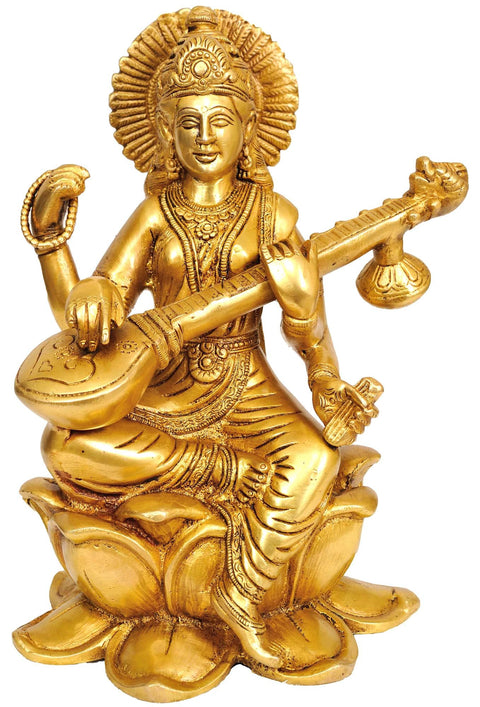 9" Goddess Saraswati In Brass | Handmade | Made In India