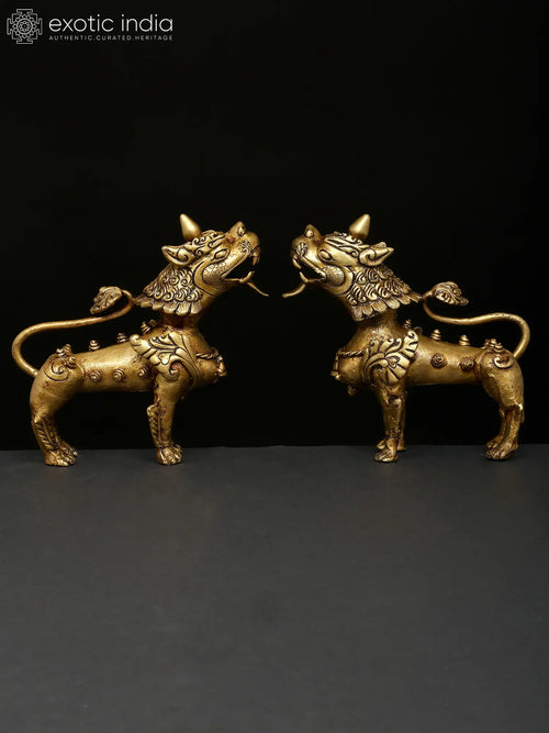 Tibetan Buddhist Brass Snow Lions Pair Statue