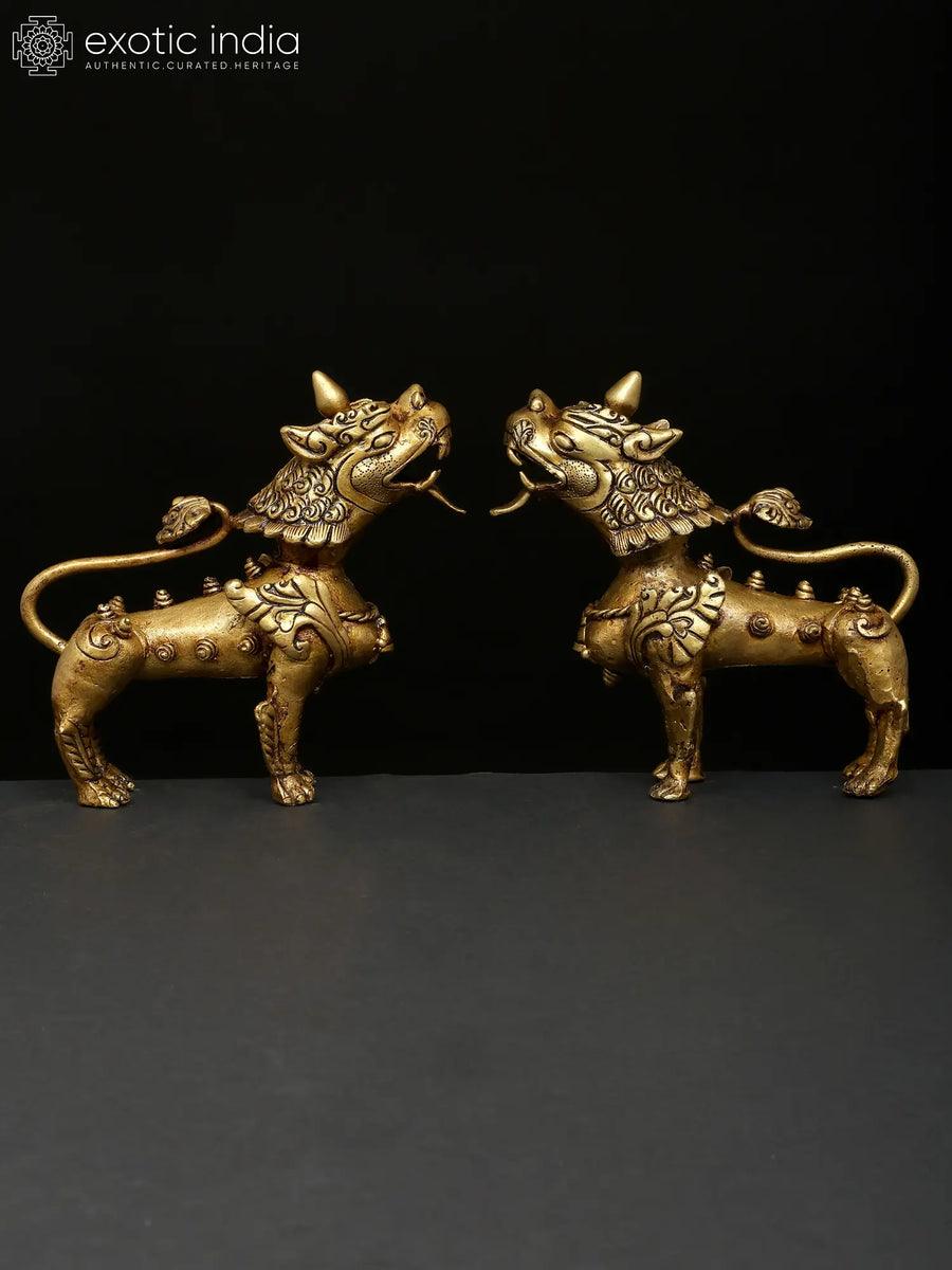 Tibetan Buddhist Brass Snow Lions Pair Statue