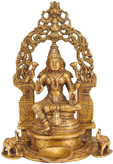 9" Enthroned Goddess Lakshmi with Puja Diya in Brass | Handmade | Made in India