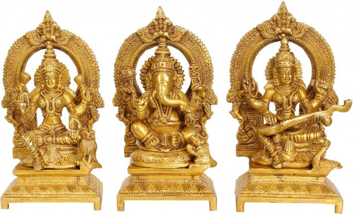 7" Ganesha Lakshmi Saraswati Handmade Brass Statue