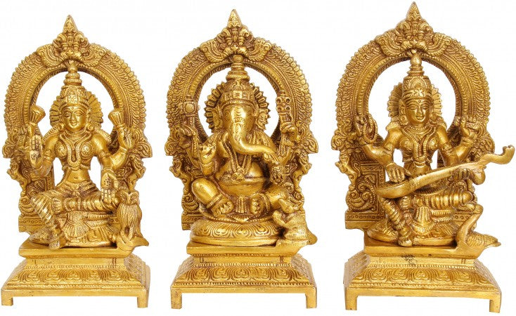 7" Ganesha Lakshmi Saraswati Handmade Brass Statue