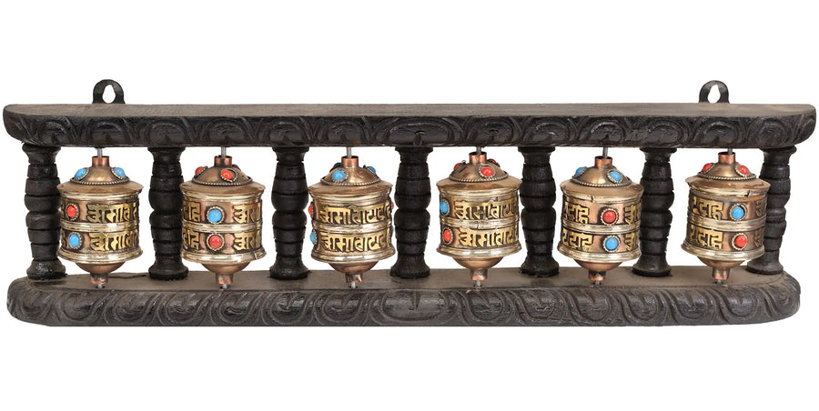 Set of Six Brass Prayer Wheels for Pooja