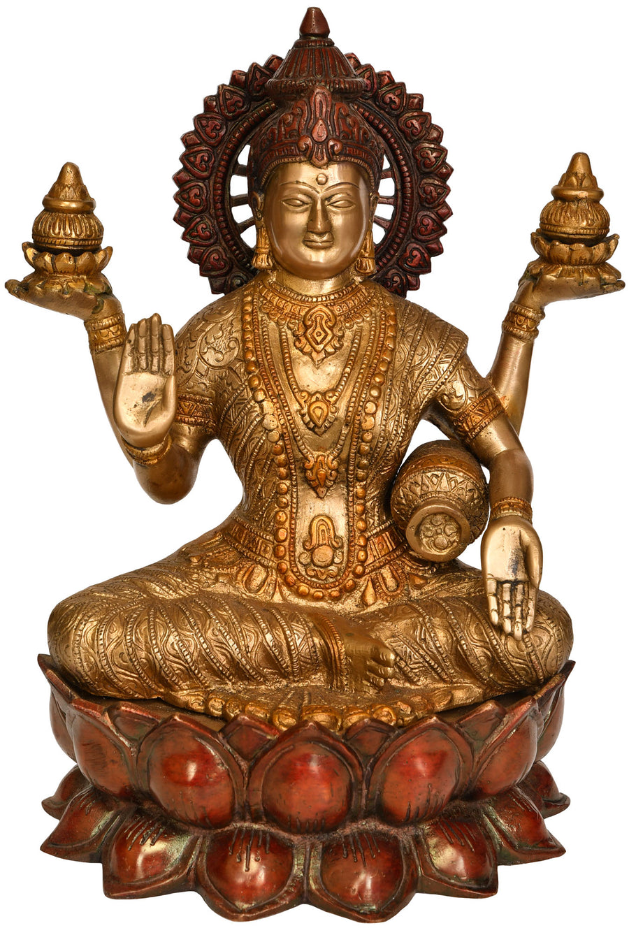 12" Brass Goddess Lakshmi Seated on Lotus Handmade Statue