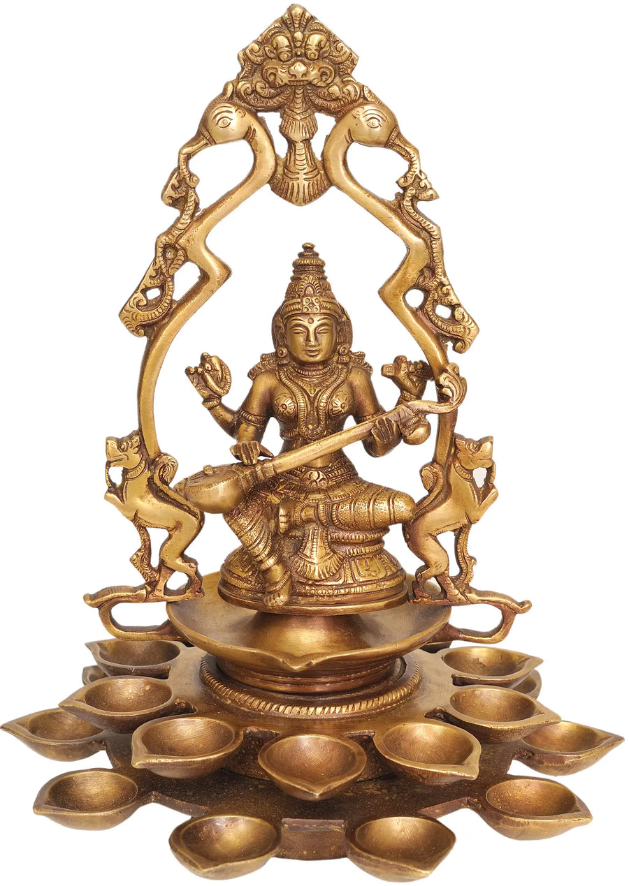 12" Goddess Saraswati Brass Statue with Multiple Diyas Handmade