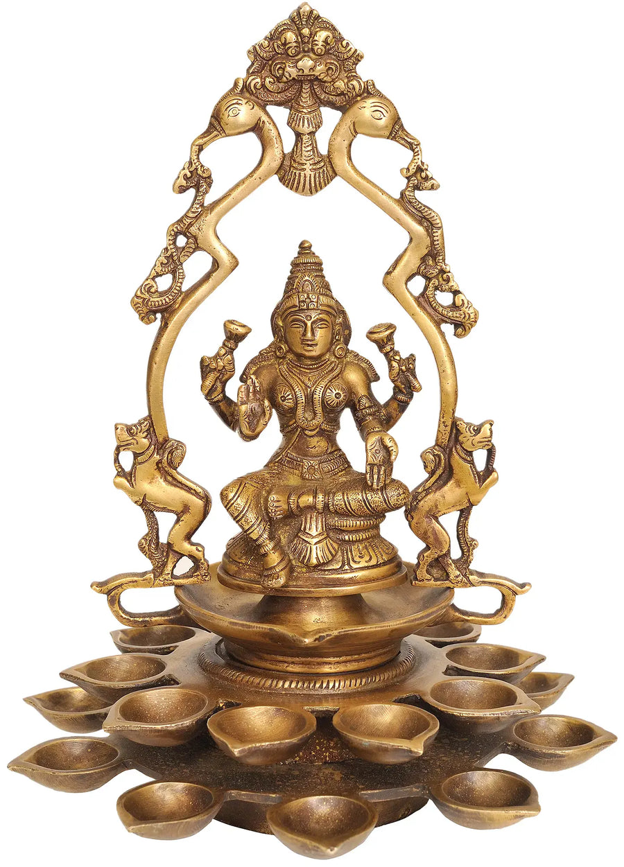 12" Goddess Lakshmi with Multiple Diyas Brass Statue Handmade