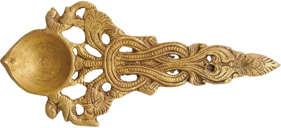 7" Handmade Brass Hand Held Oil Lamp for Pooja