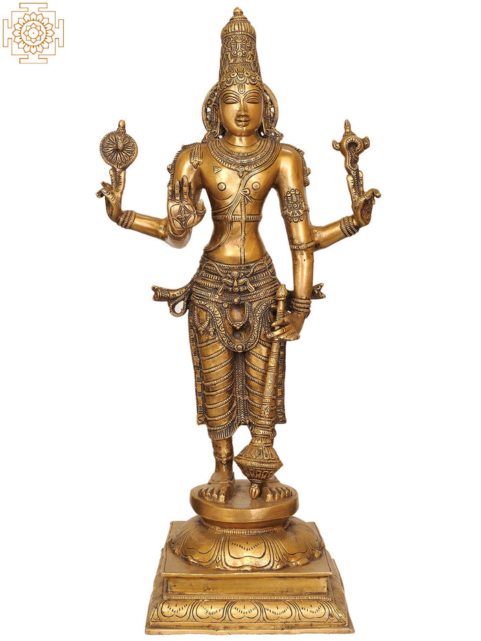 29" Large Size Four-Armed Standing Vishnu In Brass | Handmade | Made In India