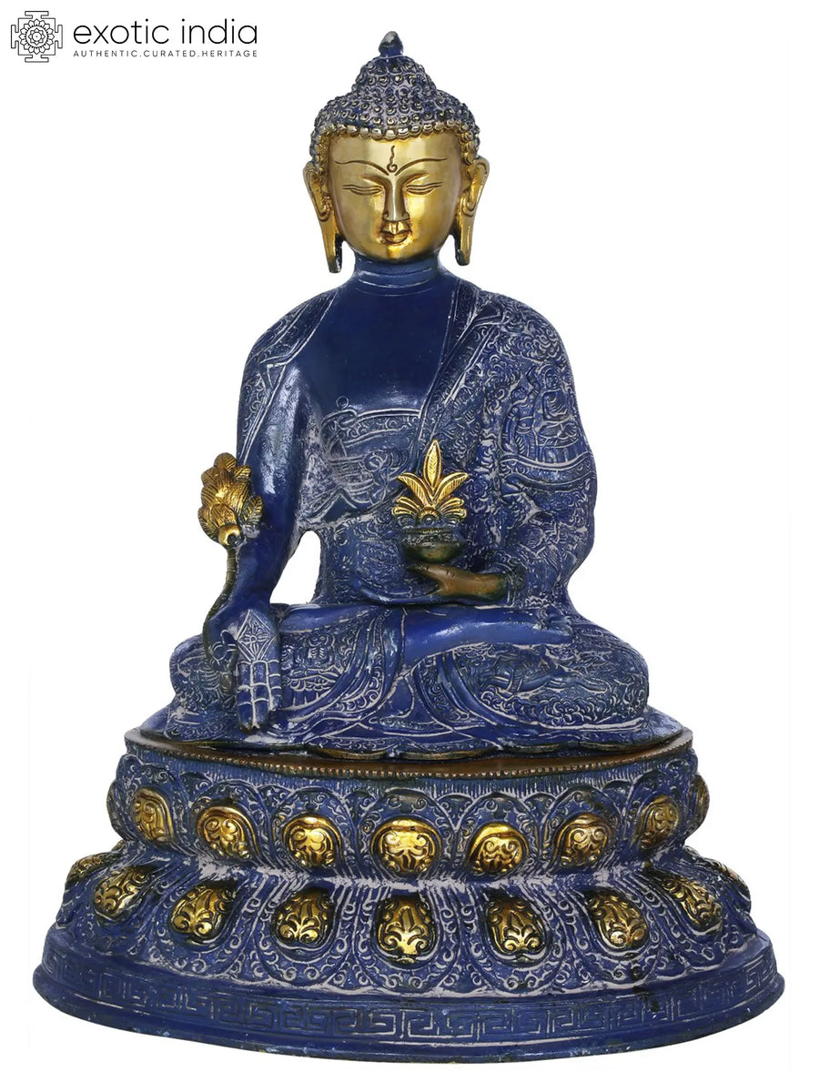 16" Handmade Brass Medicine Buddha Idol on Double Lotus Seat