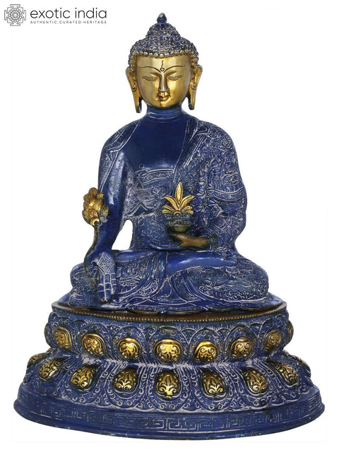 16" Brass Medicine Buddha Idol Seated on Double Lotus | Handmade Buddhist Deity Statue | Made in India