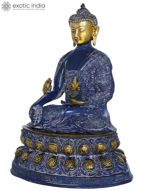 16" Brass Medicine Buddha Idol Seated on Double Lotus | Handmade Buddhist Deity Statue | Made in India