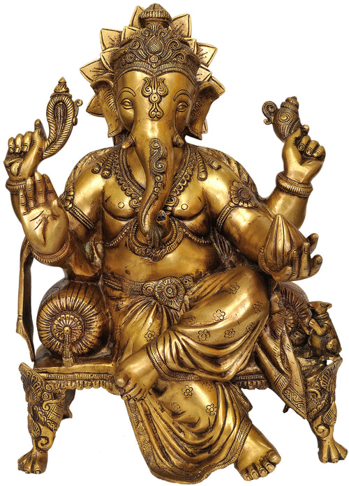 20" Large Lord Ganesha Seated on Chowki Brass Statue Handmade