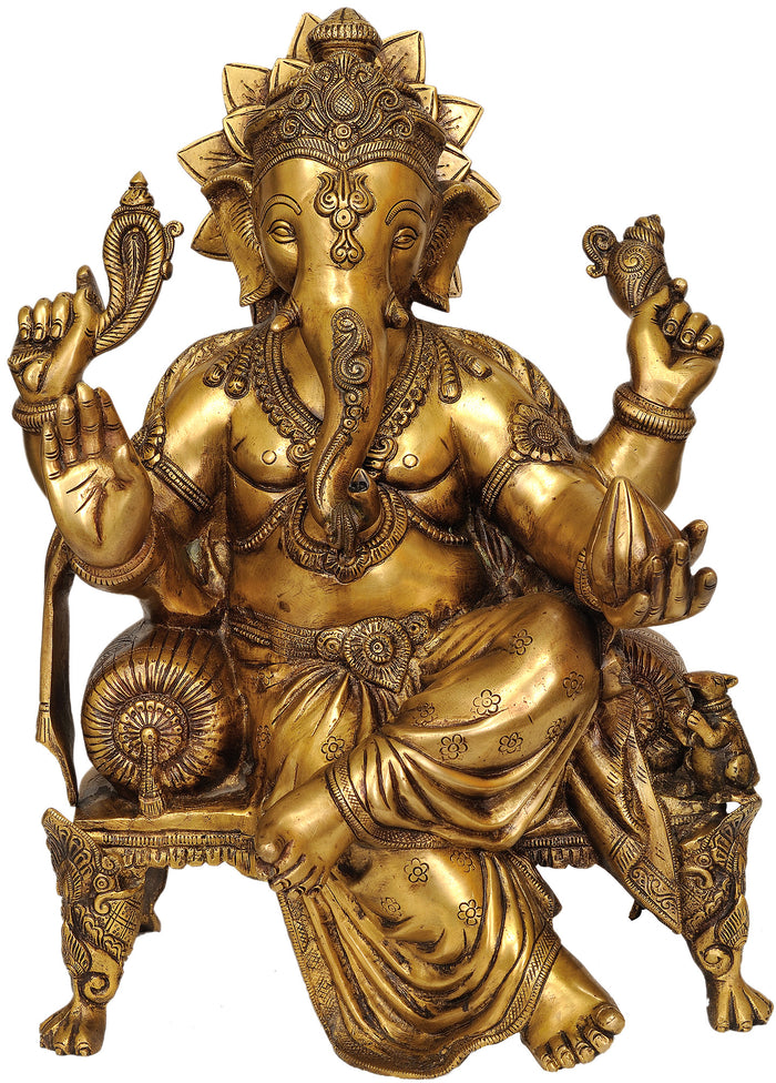 20" Large Size Lord Ganesha Seated on Chowki In Brass | Handmade | Made In India