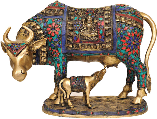 13" Brass Cow and Calf Inlay Statue with Lakshmi and Ganesha Handmade