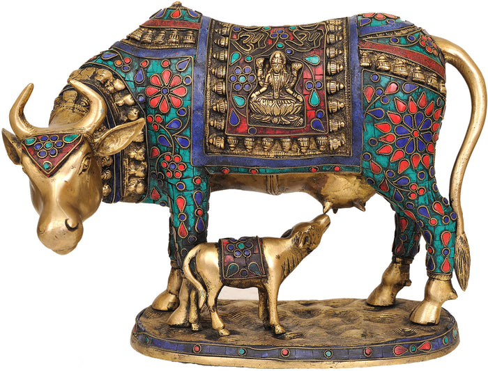 13" Brass Cow and Calf Inlay Statue with Lakshmi and Ganesha Handmade