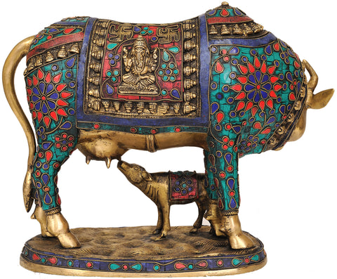 13" Inlay Cow and Calf (Over-Cloth Decorated with Lakshmi and Ganesha) In Brass | Handmade | Made In India