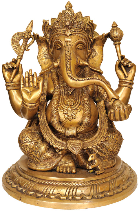 16" Lord Ganesha Wearing a Beautiful Crown In Brass | Handmade | Made In India