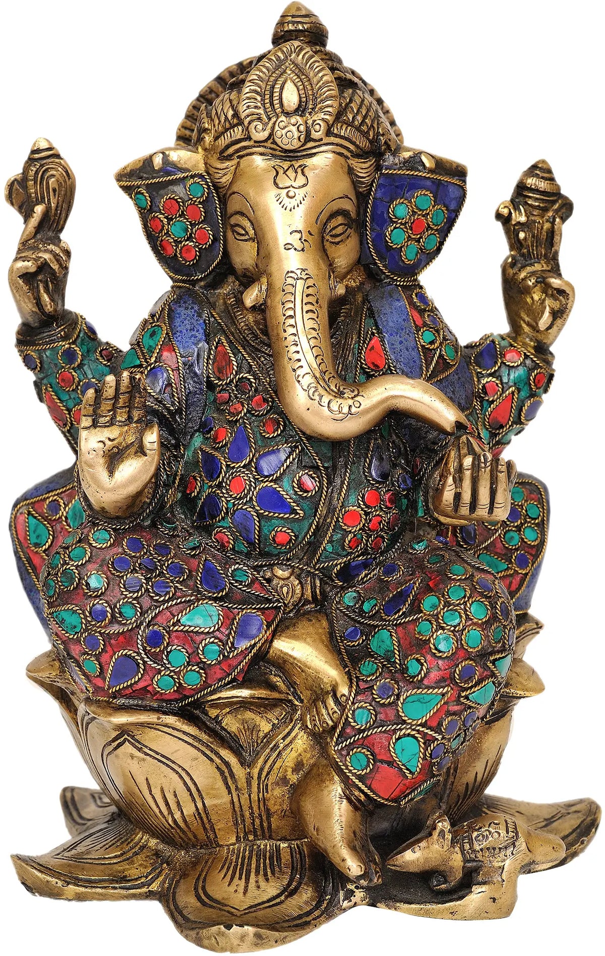 9" Ganesha Seated on Lotus In Brass | Handmade | Made In India