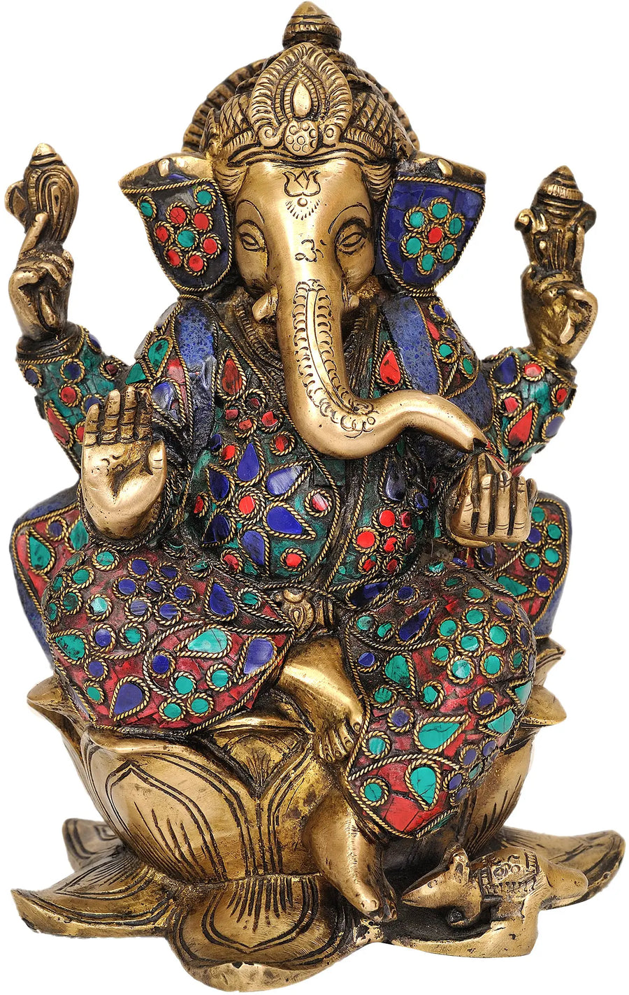 9" Seated Ganesha on Lotus Brass Idol Handmade
