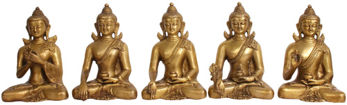6" Set of Five Cosmic Buddhas Brass Statue Handmade
