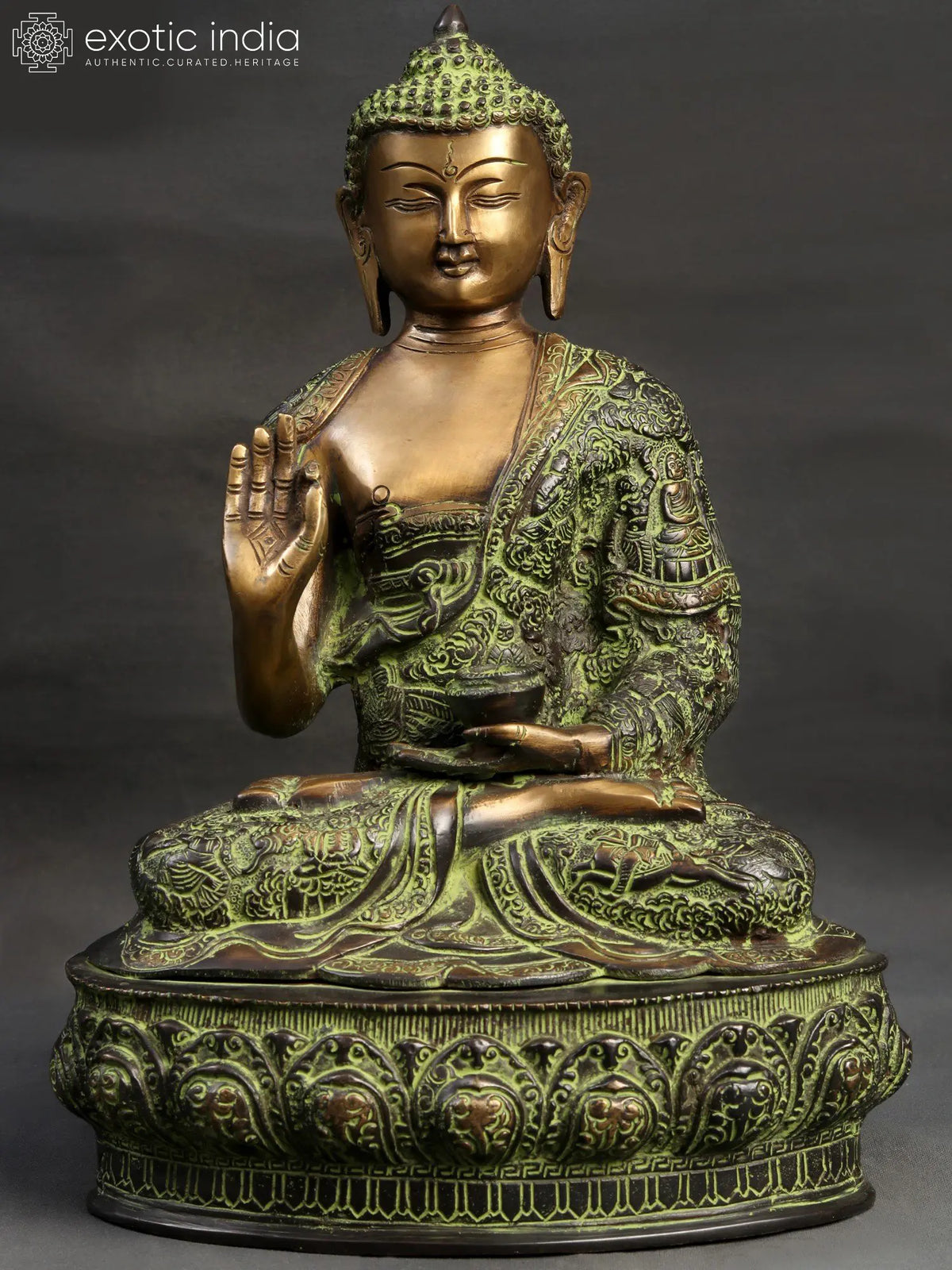 15" Blessing Buddha (Robes Decorated with The Scenes of His Life) In Brass | Handmade | Made In India